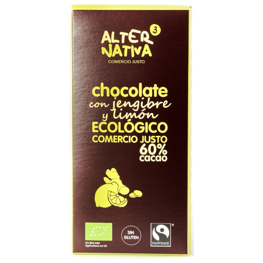 Chocolate con Jengibre y Limon 60 Cacao SinGluten Bio 80g Alternativa3