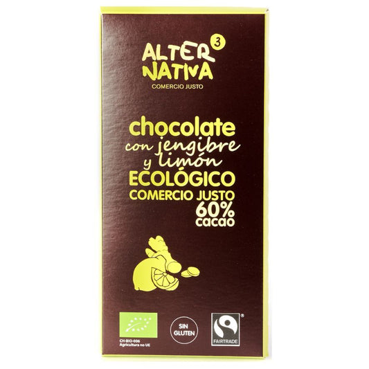 Chocolate con Jengibre y Limon 60 Cacao SinGluten Bio 80g Alternativa3